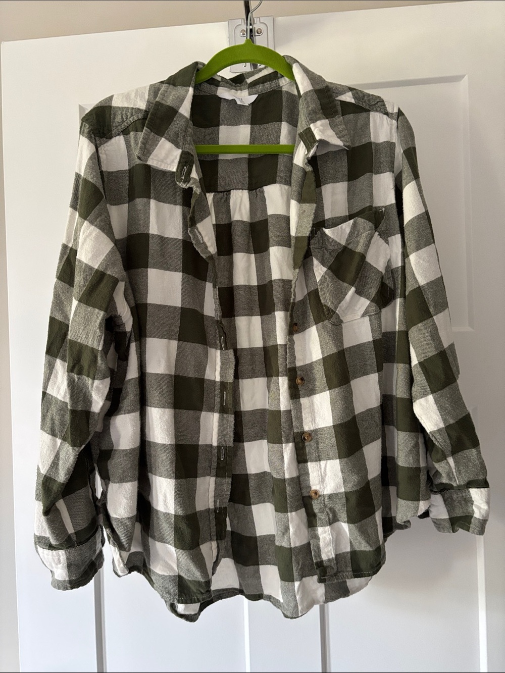 Olive Green and White Plaid Button-Up Shirt